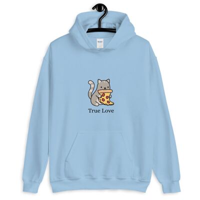 Sweat à capuche "Cat & Pizza True Love" - Bleu clair