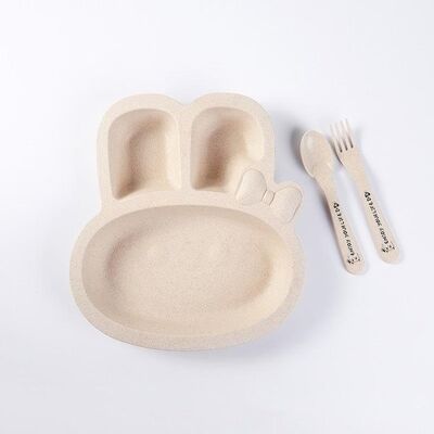 Kinderservies - Kinderbord - Vakjesbord - Bord met vakken voor baby peuter en kleuter - Met lepel en vork - Duurzaam - Kraam cadeau - Konijn - Wit - 1 set