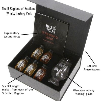 The Five Regions of Scotland Whisky Tasting Gift Set with Glencairn Whisky Glass - 5 x 3cl Single Malt Whisky Gift with Online Video Link 42%