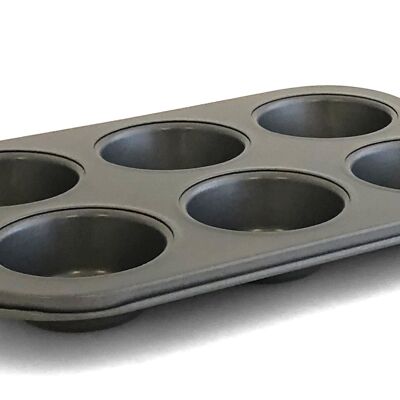 GREY NON-STICK ROLLED STEEL TRAY FOR 6 MUFFINS 29X20