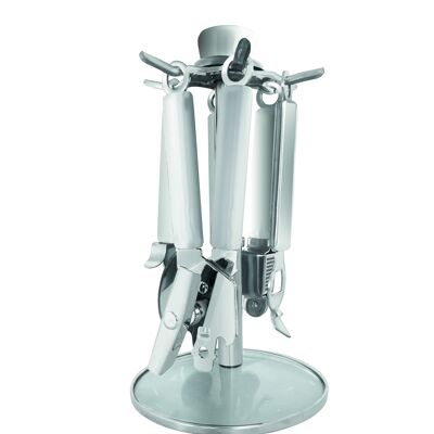 SET 5 PIECES INOX 18/10 - VAISSELLE OK - SUPPORT + 1 BROYEUR D'AIL + COUPE PIZZA + 1 DECAPE BOUTEILLE + 1 OUVRE CA