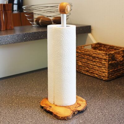 Kitchen roll holder made of wood and metal