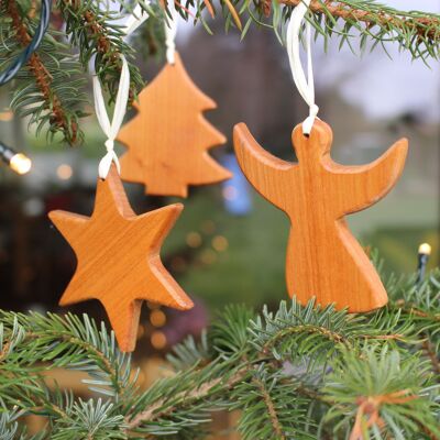 Set of 3 tree decorations made of wood, Christmas decoration