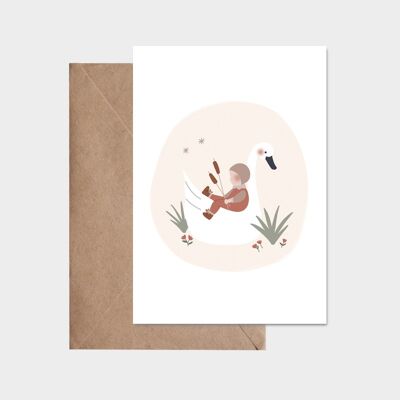 Cartolina - Il bambino e il cigno rosa