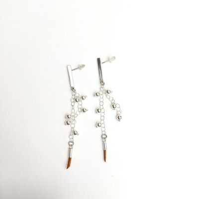 Silver support earrings with chain, small balls and leather tassel APOLLINE