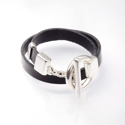 Bracelet double tour en cuir noir de 10 mm avec fermoir arrondi LOUNA