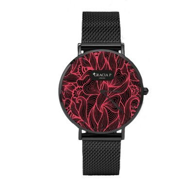 Gracia P - Uhr - Uhr mit abstrakten Blumen in Dunkelsilber