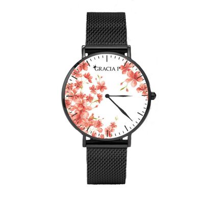 Gracia P Watch - Sweet Flowers Coral Dark Silver