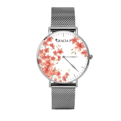 Gracia P Watch - Sweet Flowers Coral Light Silver