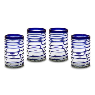 Mouth-blown glasses set of 4 spiral blue 550ml