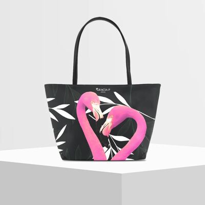 Shopper V Bag by Gracia P -Made in Italy- Black flamingo