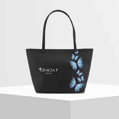Shopper V Bag di Gracia P -Made in Italy- Mariposa azul ner