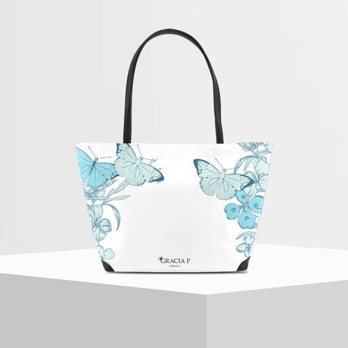 Shopper V Bag di Gracia P -Made in Italy- Farfalle sky bianco