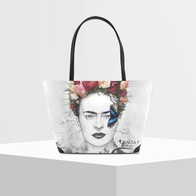 Shopper V Bag by Gracia P -Made in Italy- Frida white art