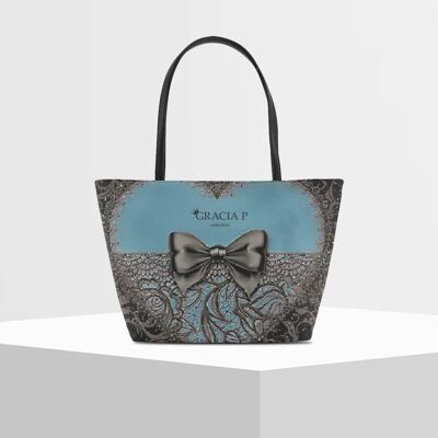 Shopper V Bag by Gracia P -Made in Italy- Love with Blue effect embroidery