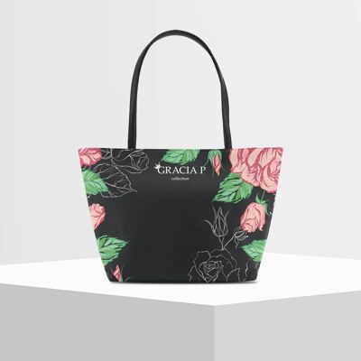 Shopper V Bag di Gracia P -Made in Italy- Roses nera