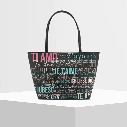 Shopper V Bag di Gracia P -Made in Italy- Ti amo I Love you Black