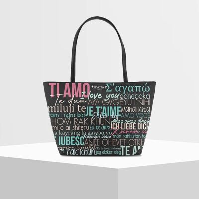 Shopper V Bag by Gracia P -Made in Italy- I love you I Love you Black