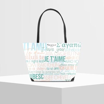 Shopper V Bag by Gracia P -Made in Italy- I love you I Love you White