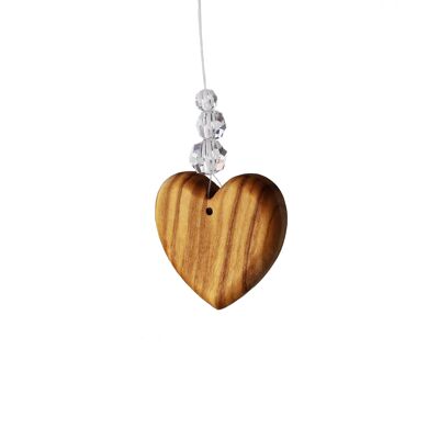 Window decoration made of olive wood heart with 3 pearls