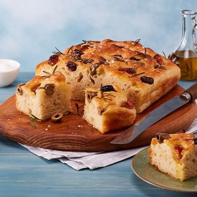 Focaccia with Olives, Garlic Confit and Rosemary