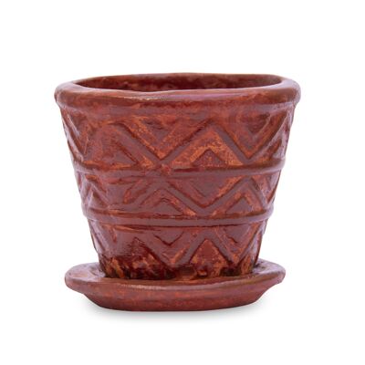 Mexican clay flowerpot with pyramid plate