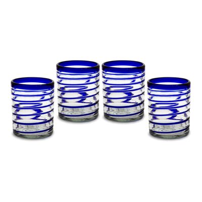 Mouth-blown glasses set of 4 spiral blue 450ml