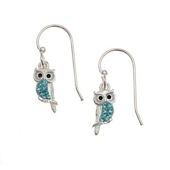 Belles boucles d'oreilles hibou en cristal Aqua CZ