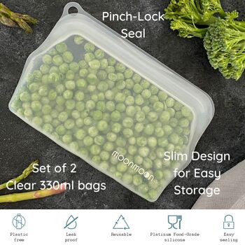 Sacs alimentaires réutilisables en silicone | Ensemble de 2 petits sacs de congélation transparents (330 ml) 2