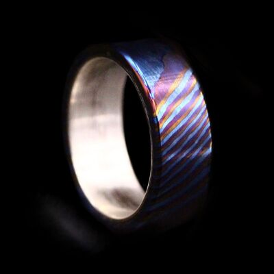 Titanium Damascus / Pattern Welded Ring with Sterling Silver Insert