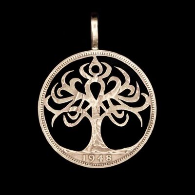 Pendentif pièce de monnaie arbre de vie celtique - demi-couronne non argentée (1947-67)