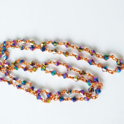 Handmade glass beaded necklace with copper wire, iridescent beads