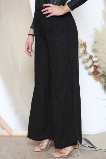 Pantalon large en lin noir à taille élastique 2