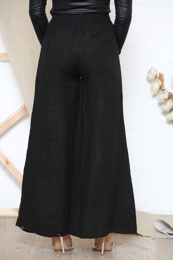Pantalon large en lin noir à taille élastique 4