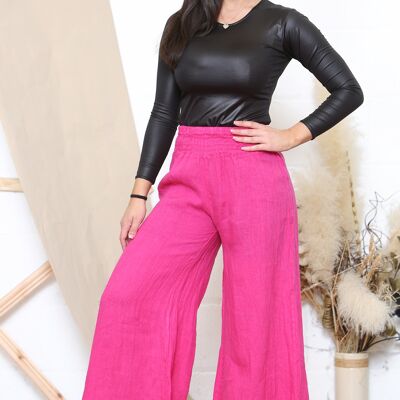 Pantalón fucsia pierna ancha cintura elástica lino