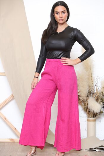 Pantalon large en lin taille élastique fuchsia 1