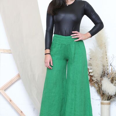Pantaloni in lino verde a gamba larga con elastico in vita