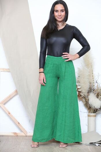 Pantalon large en lin vert à taille élastiquée 1