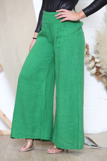 Pantalon large en lin vert à taille élastiquée 2