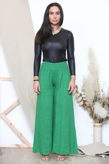 Pantalon large en lin vert à taille élastiquée 3
