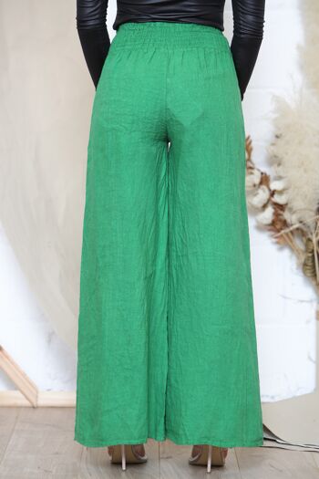 Pantalon large en lin vert à taille élastiquée 4