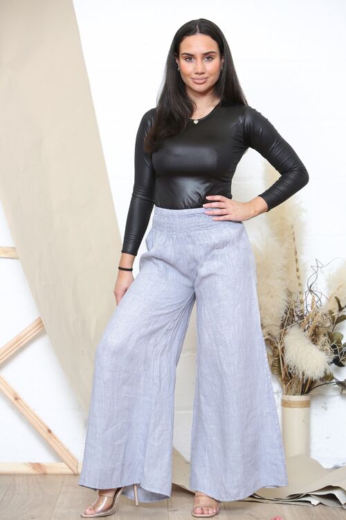 Grey wide leg elastic waist linen trousers