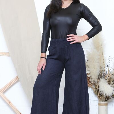 Navy wide leg elastic waist linen trousers