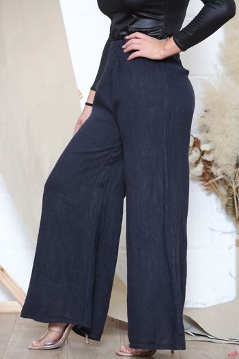 Pantalon large en lin taille élastiquée bleu marine 3