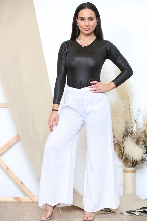 White wide leg elastic waist linen trousers