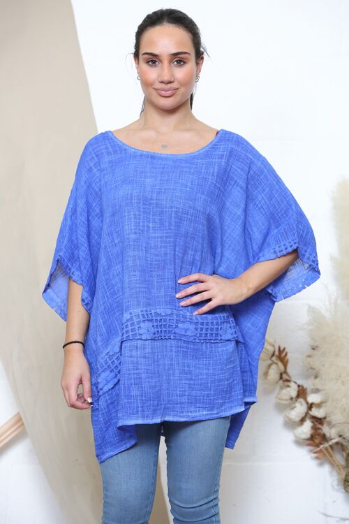 Royal Blue lightweight top with floral lace trim