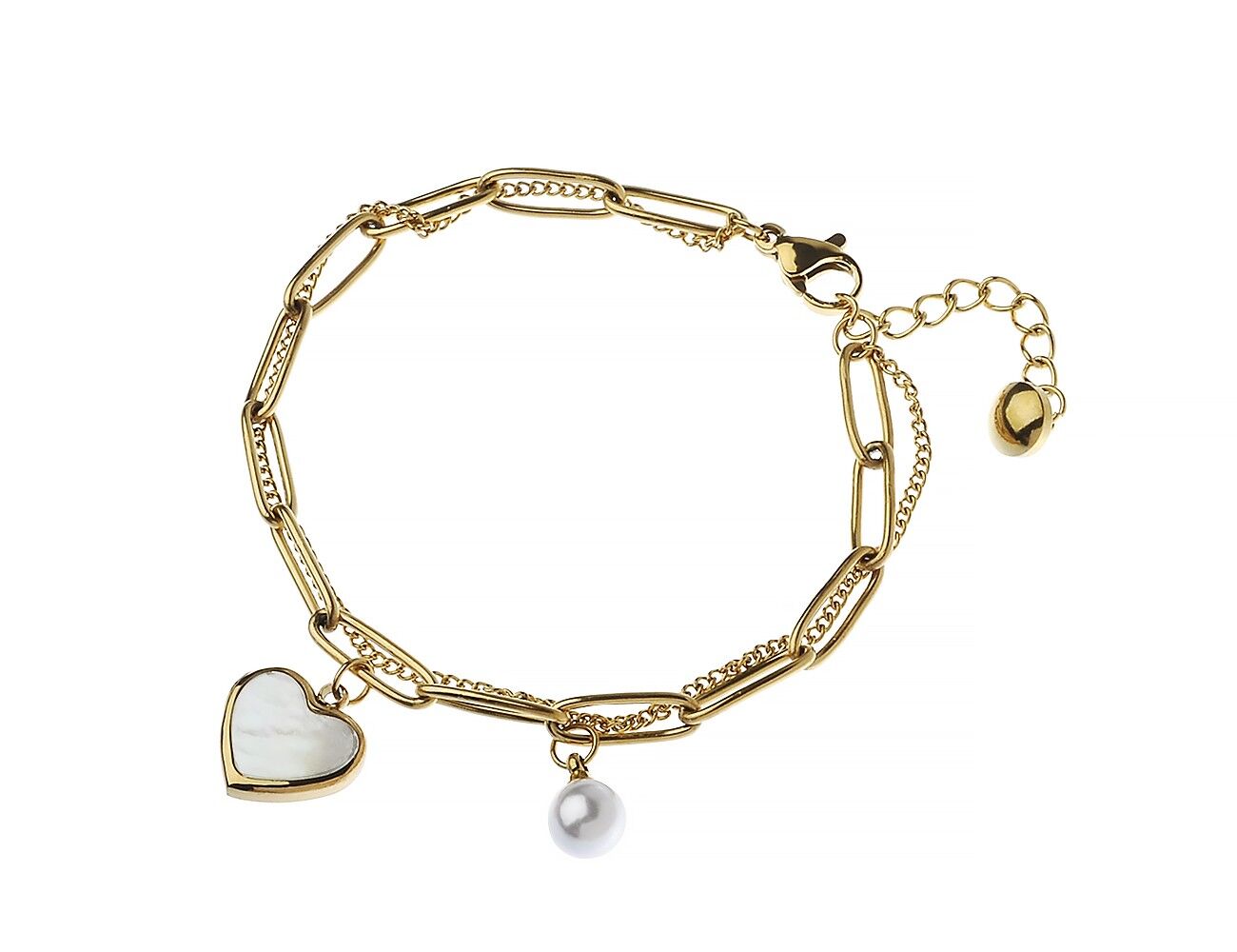 Bracciale a catena a 2 file in acciaio inossidabile Pearl Elegance Fusion Pvd 18K con cuore in madreperla