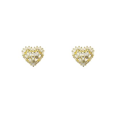 14K Gold Brass Heart with Crystal Stones Post Earring
