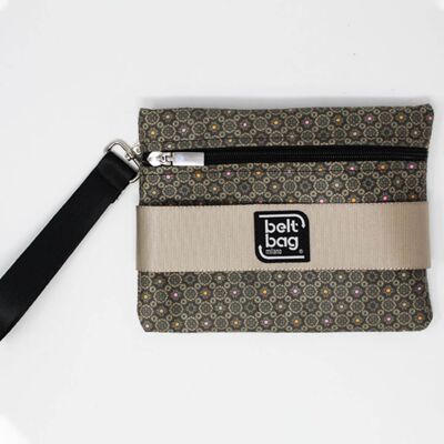 POUCH F Pochette Militärgrünes Wildlederimitat mit rosa und orangefarbenen Punkten mit goldenem Gürtel