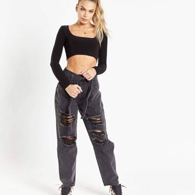 High rise belted mom jean with distressing in washed black